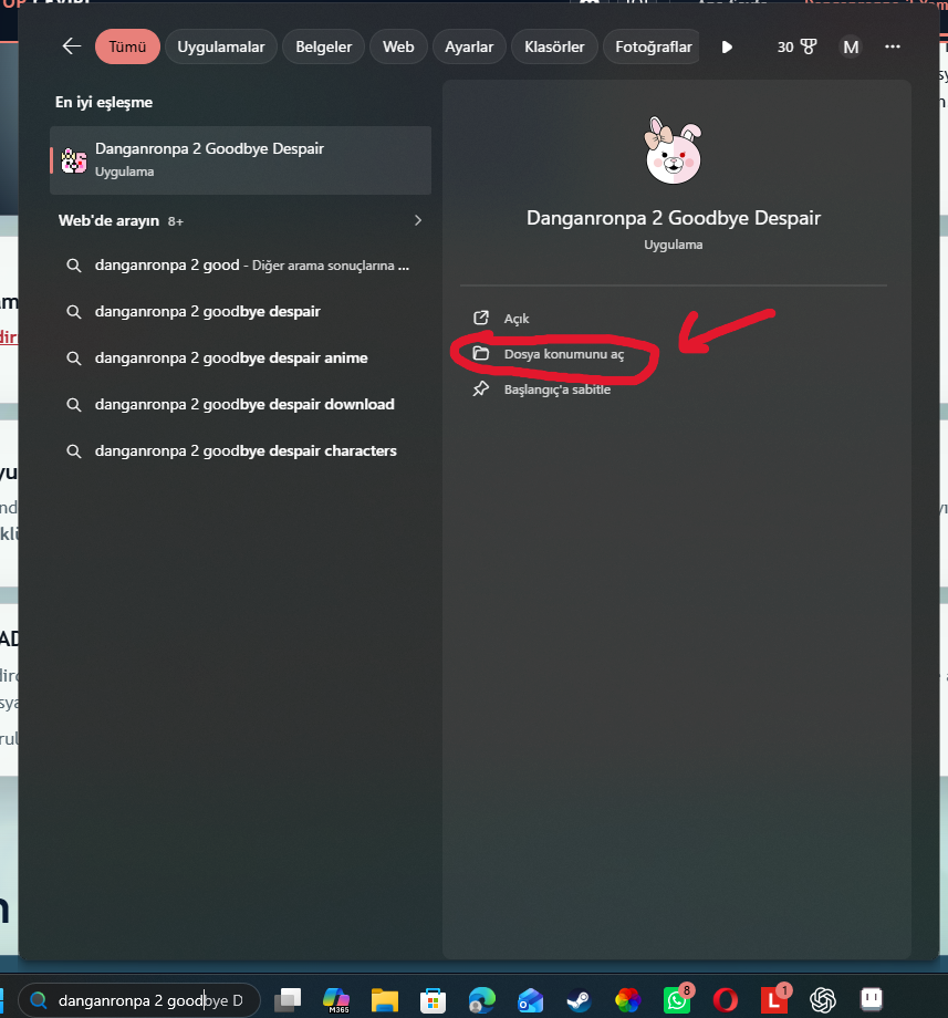 Windows aramasında Danganronpa 2 için Dosya konumunu aç seçeneği
